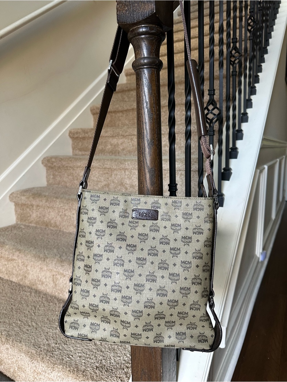 MCM Beige Logo Canvas Messenger with Dark Brown Accents